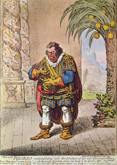 Karikatur von Pizarro, der das Produkt seiner neuen peruanischen Mine betrachtet von James Gillray